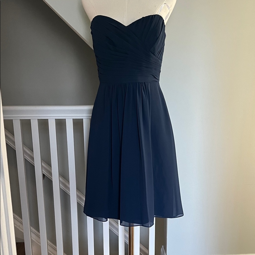 Classic Navy Strapless Chiffon Cocktail Dress